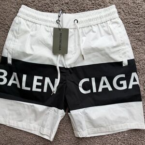 Balenciaga Men’s White and Black Logo Swim Shorts